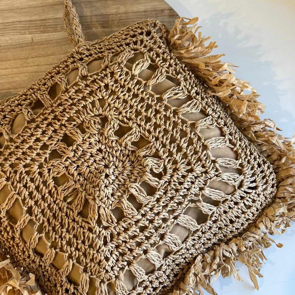 MW Tan Natural Fiber Straw Fringe Raffa Crochet Square Tote Shoulder Bag - Picture 8 of 13